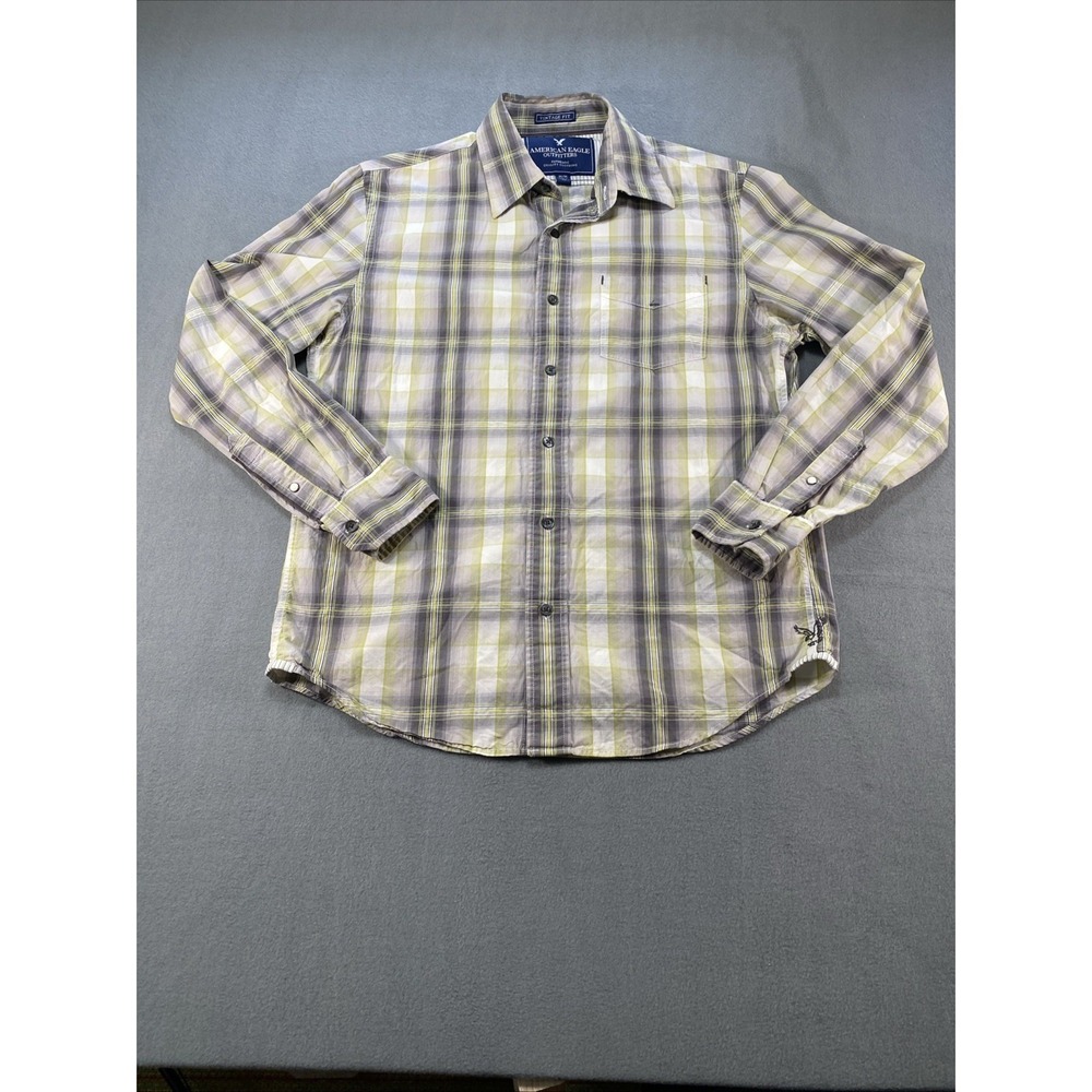 American Eagle Mens Button Down Vintage Fit Grey Green Plaid Size Medium